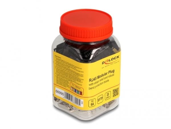 Delock RJ45 modulaarinen pistoke, jossa on rasitusvastus Cat.6A ja kestävä taivutusvastusholkki, 25 kpl:n sarja