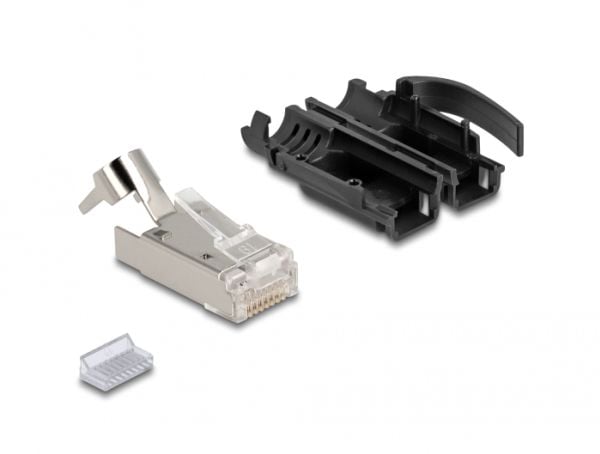 Delock RJ45 modulaarinen pistoke, jossa on rasitusvastus Cat.6A ja kestävä taivutusvastusholkki, 25 kpl:n sarja