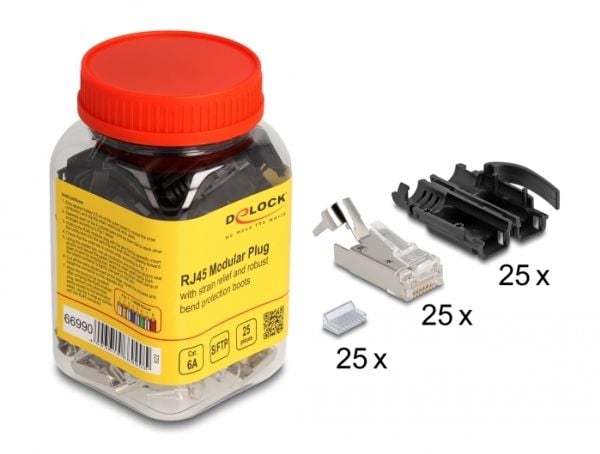 Delock RJ45 modulaarinen pistoke, jossa on rasitusvastus Cat.6A ja kestävä taivutusvastusholkki, 25 kpl:n sarja