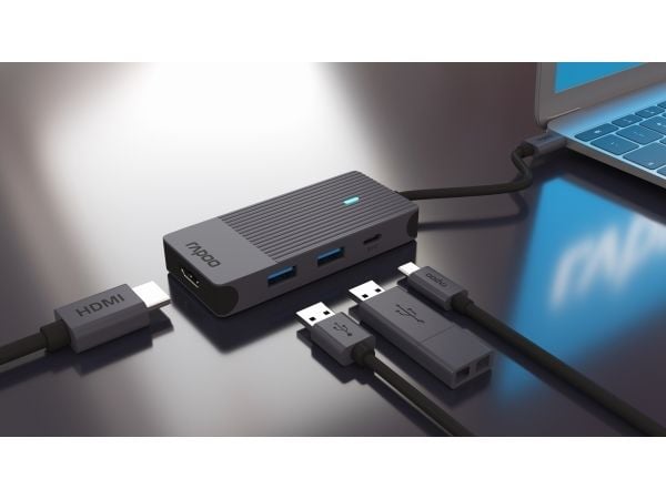 Rapoo UCM-2001, USB Type-C, HDMI, USB 3.2 Gen 1 (3.1 Gen 1), USB Type-C, Hankjønn, Svart, 7,5 W, 20 V