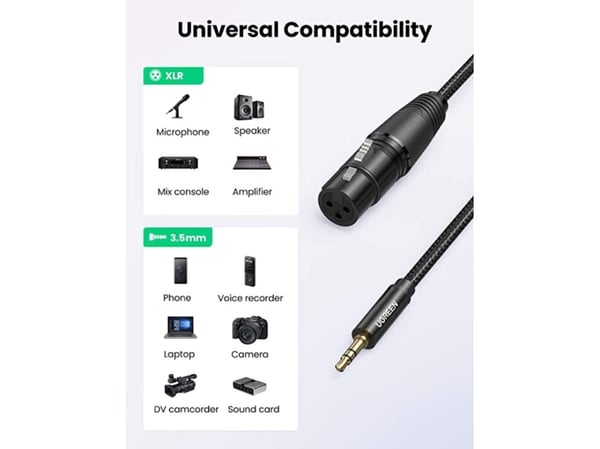 Ugreen 20763, XLR, Hunkjønn, 3.5mm, Hankjønn, 1 m, Sort