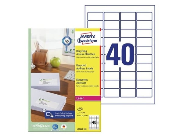 Etiketter Avery LR7654 Resirkulert, 45,7 x 25,4 mm, pakke a 4000 stk.