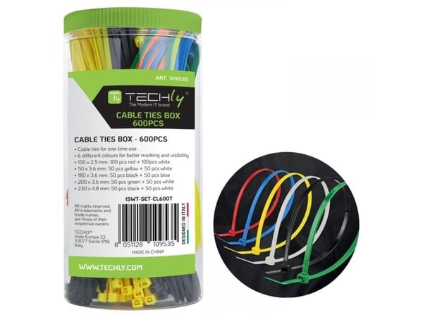 Techly ISWT-SET-CL600T, Kaksiaukkoinen johdinside, Nailon, Monivärinen, 250 mm, 255 mm, 43 mm