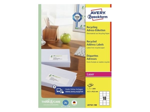 Avery LR7161-100, Hvit, Rektangel, Permanent, Laserutskrift, 18 stykker, TUV