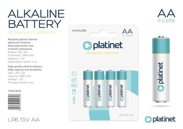 Platinet PMBLR064B, Engangsbatteri, AA, Alkalinsk, 1,5 V, 4 stykker, 2800 mAh