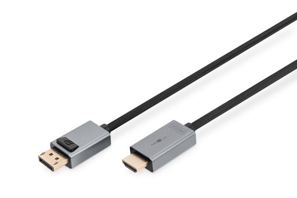 DIGITUS - Video adapter - DisplayPort hann til HDMI hann - 1.8 m - dobbeltisolert - svart - smekklås, 1080p-støtte, 4K 120 Hz støtte, 8 K 60 Hz (76...