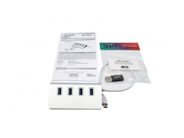 EXSYS EX-1134-2, USB 3.2 Gen 1 (3.1 Gen 1) Type-A, USB 3.2 Gen 1 (3.1 Gen 1) Type-A, USB 3.2 Gen 1 (3.1 Gen 1) Type-C, 5000 Mbit/s, Sølv, Metall, R...