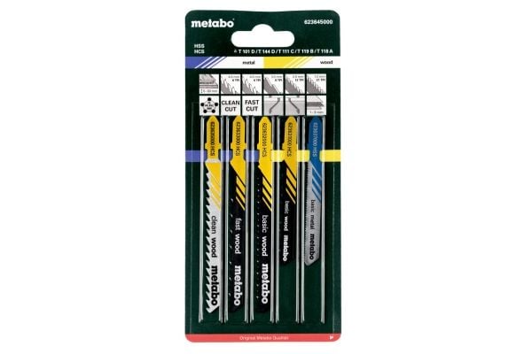 Metabo 623645000, Stikksagblad, Metall, Polyvinylklorid (PVC), Tre, Høy-Hastighets Stål (HHS), 5 stykker, Blister