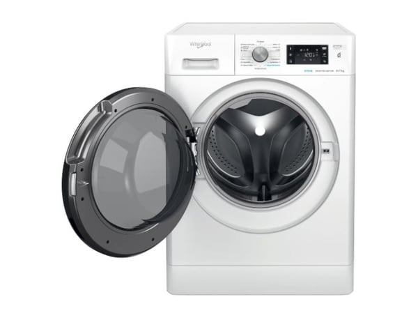 Whirlpool FFWDB976258BVEE, Edestä täytettävä, Vapaasti seisova, Valkoinen, Vasen, Musta, Painikkeet, Rotaatio