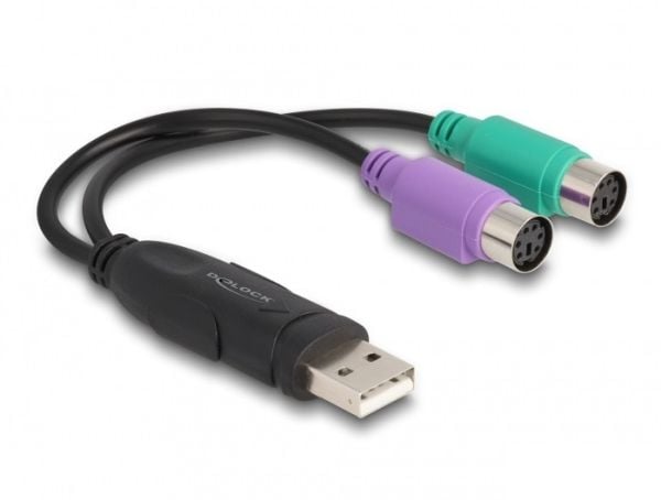 DeLOCK 61051, 0,17 m, 2x 6-p Mini-DIN, USB A, Naaras, Uros, Musta, Vihreä, Purppura