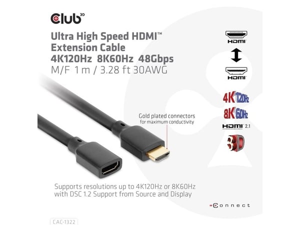 Club 3D - Ultra High Speed - HDMI-forlengelseskabel - HDMI hann til HDMI hunn - 1 m - 4K-støtte
