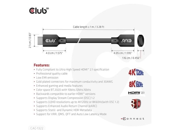 Club 3D - Ultra High Speed - HDMI-forlengelseskabel - HDMI hann til HDMI hunn - 1 m - 4K-støtte
