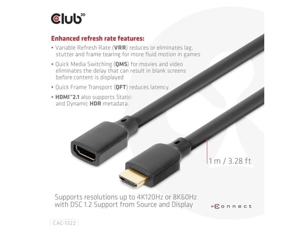 Club 3D - Ultra High Speed - HDMI-forlengelseskabel - HDMI hann til HDMI hunn - 1 m - 4K-støtte