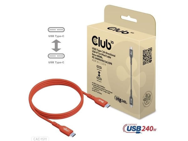 Club 3D - USB-kabel - 24 pin USB-C (hann) til 24 pin USB-C (hann) - USB 2.0 - 48 V - 5 A - 1 m - toretnings, opp til 240 W strømforsyningsstøtte, u...