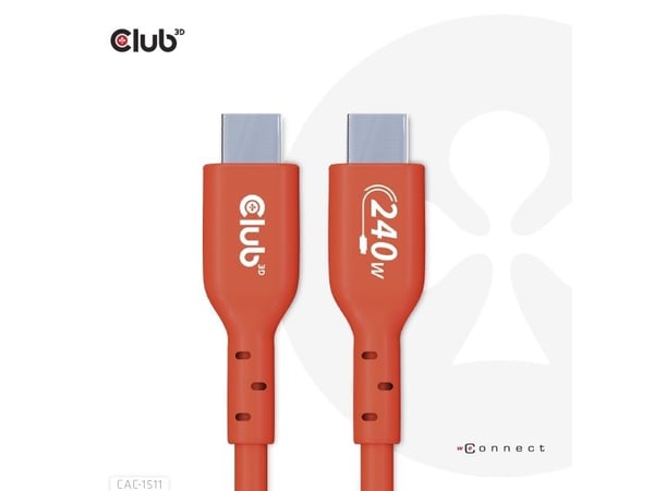 Club 3D - USB-kabel - 24 pin USB-C (hann) til 24 pin USB-C (hann) - USB 2.0 - 48 V - 5 A - 4 m - toretnings, opp til 240 W strømforsyningsstøtte, u...