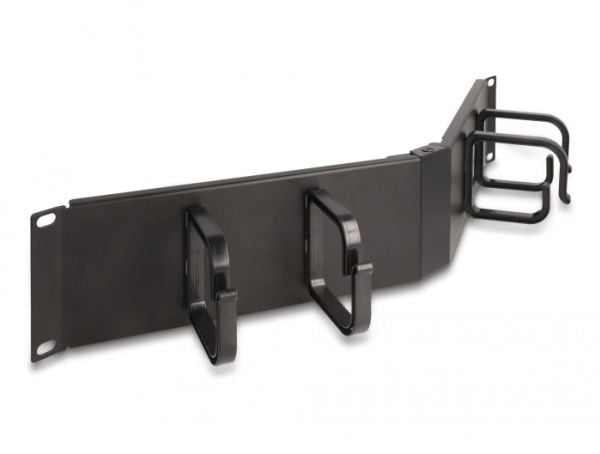 Delock - Rack cable management routing panel - with 4 hooks, angled - black (RAL 9005) - 2U - 19"