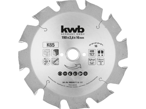 kwb 586544, Tungsten Carbide Tipped (TCT), Løvtre, Gipsplater, Mykt tre, MDF, Sponplate, Hardboard, 19 cm, 1,6 cm, 2,8 mm, 1 stykker