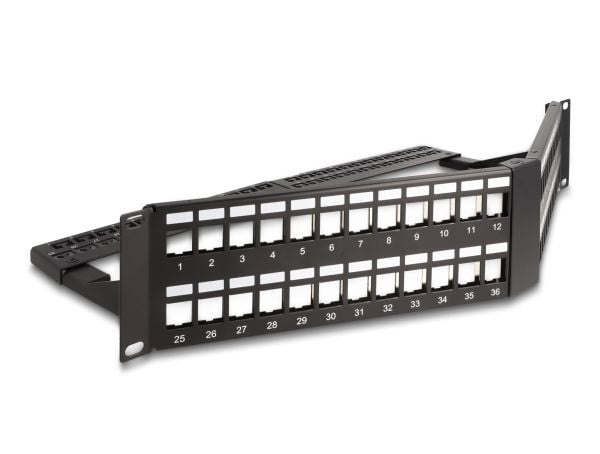 Delock 19? Keystone patchpanel 48 port med avlastningsskinne 2 U vinklet svart
