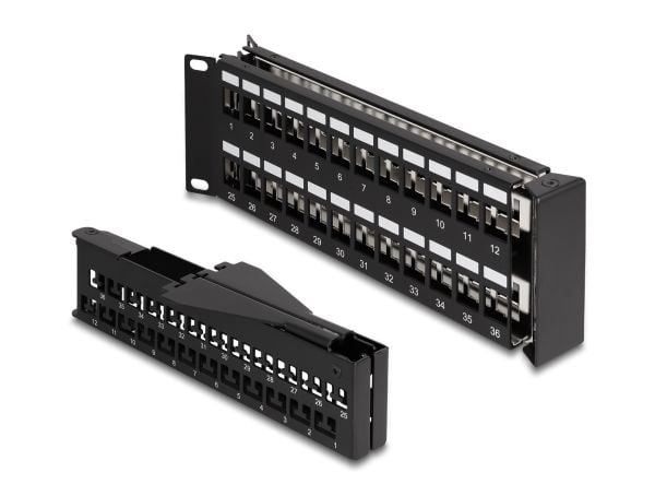 Delock 19? Keystone patchpanel 48 port med avlastningsskinne 2 U vinklet svart