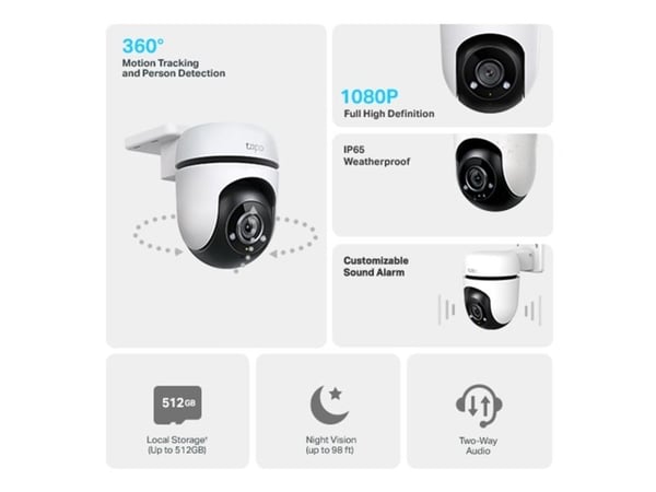 TP-Link Tapo C500, IP-sikkerhetskamera, Utendørs, Trådløs, Tak, Svart, Hvit, Kuppel