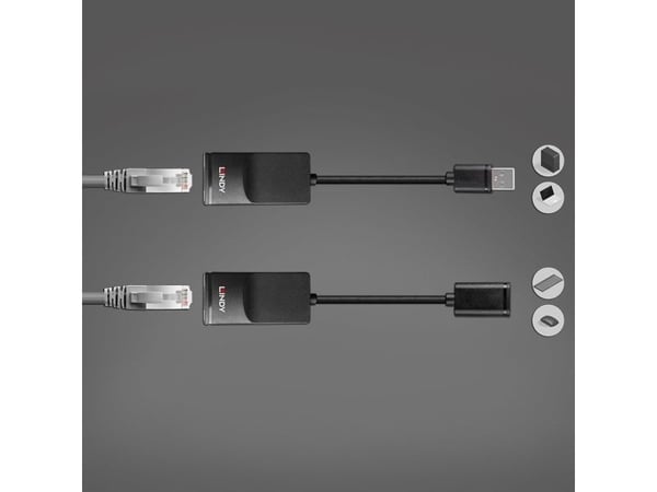 Lindy 43365, Nätverkssändare och -mottagare, 60 m, 12 Mbit/s, Cat5e, Cat6, Svart, Plast