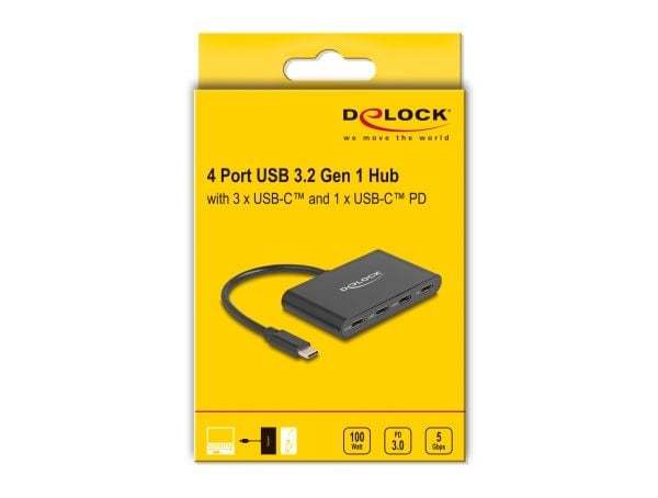Delock USB 3.2 Gen 1 USB Type-C Hub med 3x USB Type-C hunn + 1x USB Type-C PD 100 Watt