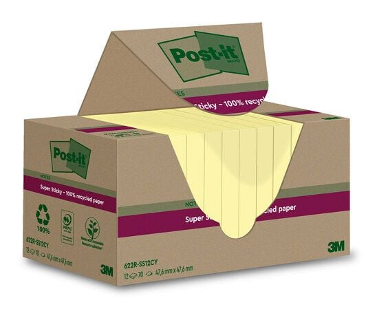 Post-it Super Sticky Resirkulerbar Canarygul 47,6x47,6mm - med 12 stk.