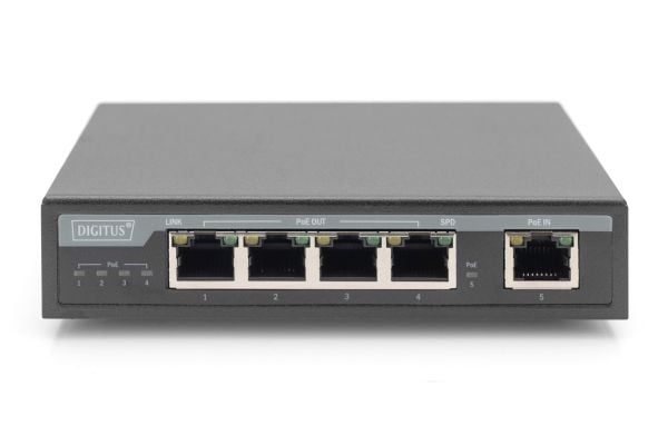 DIGITUS - Switch - 4 x 10/100/1000 (4PPoE) + 1 x 10/100/1000 (PoE+ inngang) - stasjonær - 4PPoE / PoE+ / PoE (60 W)