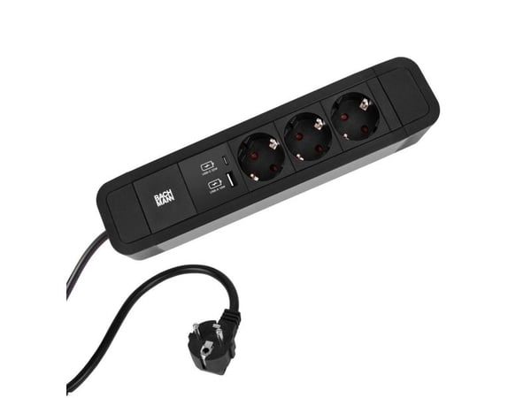 Bachmann PRIMO 2 ALU pistorasia, 3-suuntainen, musta, 2.0m, 1x USB A+C laturi