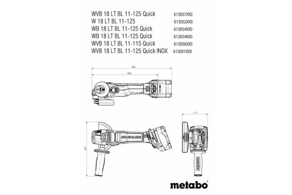 Metabo WB 18 LT BL, 10000 RPM, 12,5 cm, Batteri, 11 Ah, 1,8 kg, Børsteløs motor