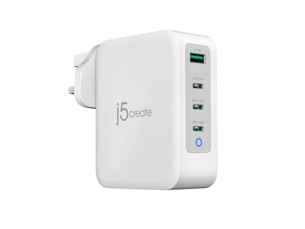 j5create JUP43130 - Strømadapter - 130 watt - 5 A - PD 3.0, QC 4.0 - 4 utgangskontakter (3 x USB-C, USB-type A) - hvit, grå