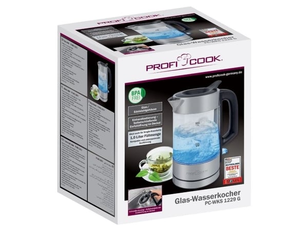 ProfiCook PC-WKS 1229 G, 1 l, 1600 W, Rustfritt stål, Gjennomsiktig, Glass, Rustfritt stål, Vannivåindikator, Overopphetingsbeskyttelse