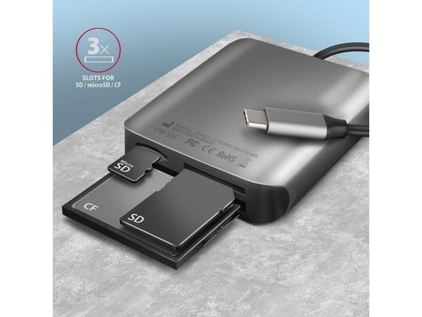 Axagon CRE-S3C, CF, MMC, MMC Mobile, MicroSD (TransFlash), MicroSDHC, MicroSDXC, MiniSD, MiniSDHC, RS-MMC, SD,..., Grå, 5000 Mbit/s, Aluminium, FCC...