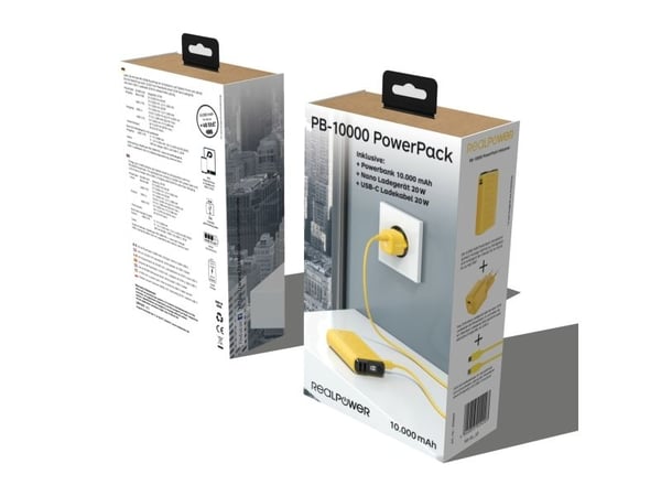 RealPower PB-10000, 10000 mAh, Lithium Polymer (LiPo), 22,5 W, Gult