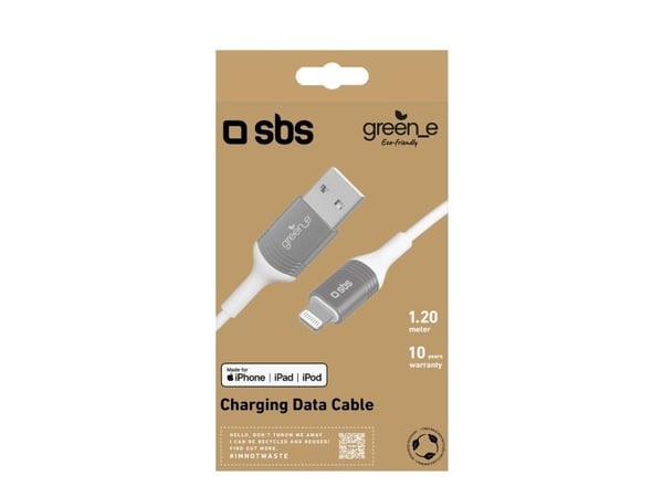SBS GRECABLEUSBIP589W, 1,2 m, Lightning, USB A, Hankjønn, Hankjønn, Sølv, Hvit