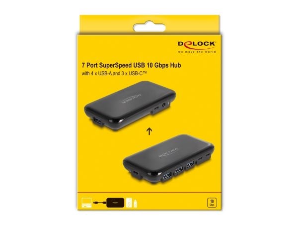 Delock 7-porttinen USB 3.2 Gen 2 -keskitin, jossa on 4 USB Type-A- ja 3 USB Type-C-porttia