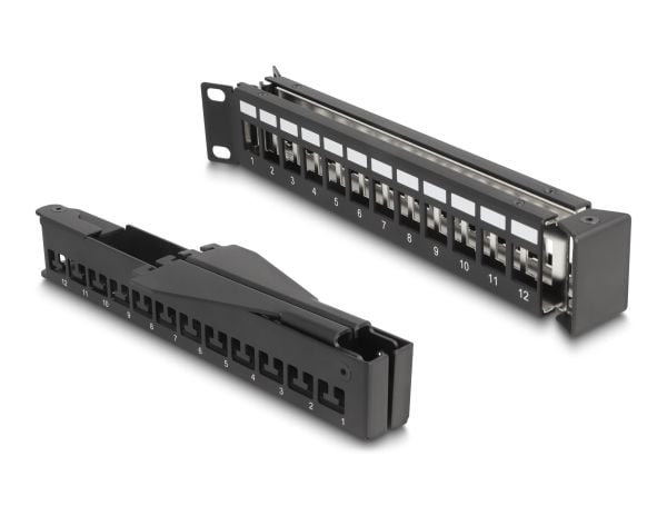 Delock 19? Keystone patchpanel 24 port med avlastningsskinne 1 U vinklet svart