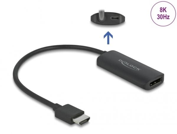 Delock - High Speed - videosovitin - Micro-USB Type B (kun strøm), HDMI (han) til DisplayPort hun - 18 cm - lajittelu - 8K30 Hz (7680 x 4320) tuki,...
