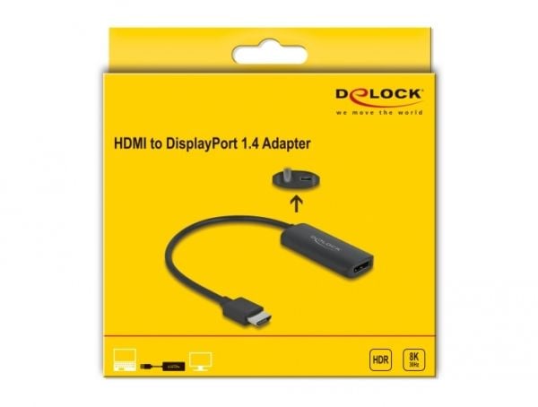 Delock - High Speed - videosovitin - Micro-USB Type B (kun strøm), HDMI (han) til DisplayPort hun - 18 cm - lajittelu - 8K30 Hz (7680 x 4320) tuki,...
