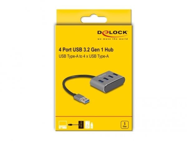Delock 4 porter USB 3.2 Gen 1 hub med USB Type-A-tilkobling – USB Type-A-kontakter på toppen