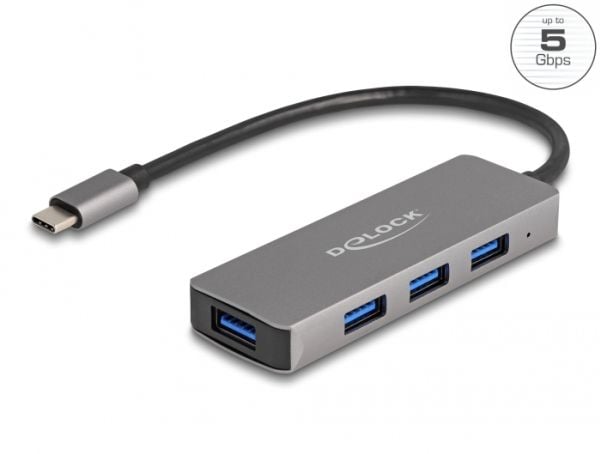 Delock 4-porter USB 3.2 Gen 1-hub med USB Type-C-tilkobling – USB Type-A-kontakter på siden