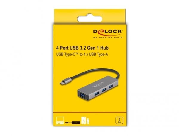 Delock 4-porter USB 3.2 Gen 1-hub med USB Type-C-tilkobling – USB Type-A-kontakter på siden