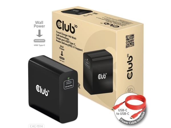Club 3D - Strømadapter - GaN-teknologi - 140 watt - 5 A - Power Delivery 3.1 (USB-C) - på kabel: USB-C