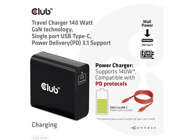 Club 3D - Strømadapter - GaN-teknologi - 140 watt - 5 A - Power Delivery 3.1 (USB-C) - på kabel: USB-C
