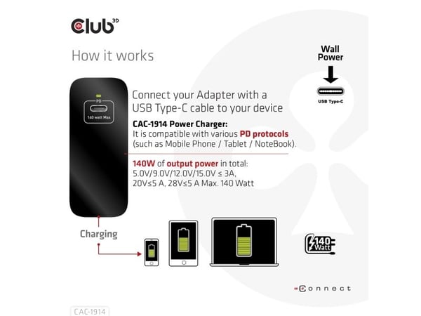 Club 3D - Strømadapter - GaN-teknologi - 140 watt - 5 A - Power Delivery 3.1 (USB-C) - på kabel: USB-C