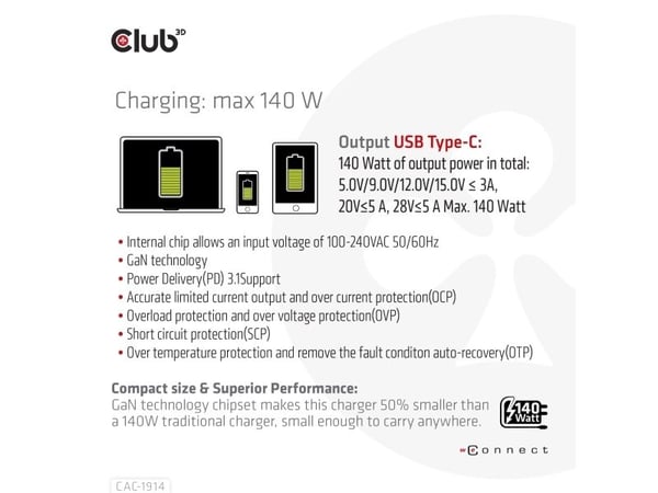 Club 3D - Strømadapter - GaN-teknologi - 140 watt - 5 A - Power Delivery 3.1 (USB-C) - på kabel: USB-C