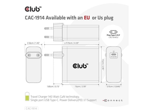 Club 3D - Strømadapter - GaN-teknologi - 140 watt - 5 A - Power Delivery 3.1 (USB-C) - på kabel: USB-C