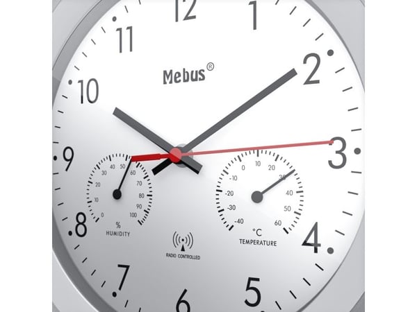 Mebus 19450, Vegg, Digital klokke, Rund, Sølv, Hvit, Plast, Moderne