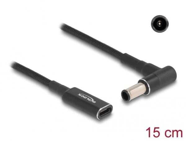 Delock - Strømadapter - 24 pin USB-C (hunn) til 6,0 x 4,3 mm DC-jakk (hann) vinklet - 19.5 V - 3 A - 15 cm - svart