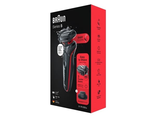 Braun Series 5 51-R1200S, Barberingsmaskin, Sort, Rød, AutoSense, Knapper, Batteri, Lithium-Ion (Li-Ion)